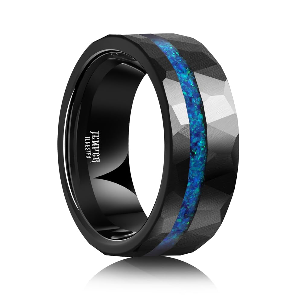 JEWPER 8mm Men Womens Wedding Band Tungsten Rings Black Blue Hammer pattern Fashion Promise Carbide Inlaid Opal Matte Finish Edge Comfort Fit Size(9)