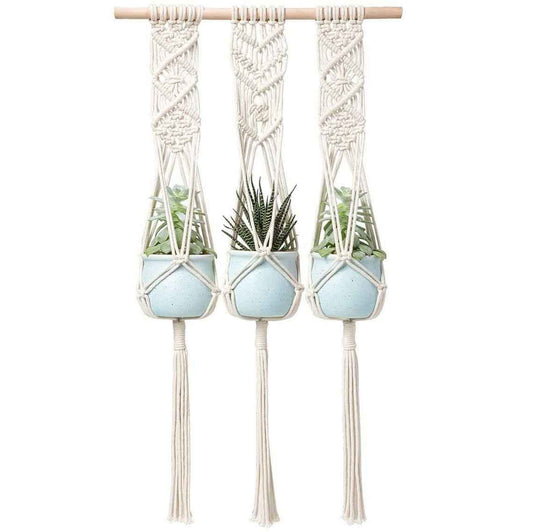 JOIZPAPA Macrame Plant Hanging Planter Hanger with Wood Dowel Cotton Rope Triple Wall Home Decor 33 Inch