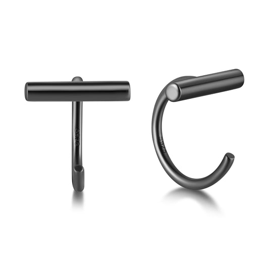 CHIC & ARTSY 925 Sterling Silver Half Hoop Earrings for Women, Gunmetal Black Plated Bar Hoops, Adjustable Comfort Fit Huggie Earrings, Minimalist Sleep Everyday Jewelry