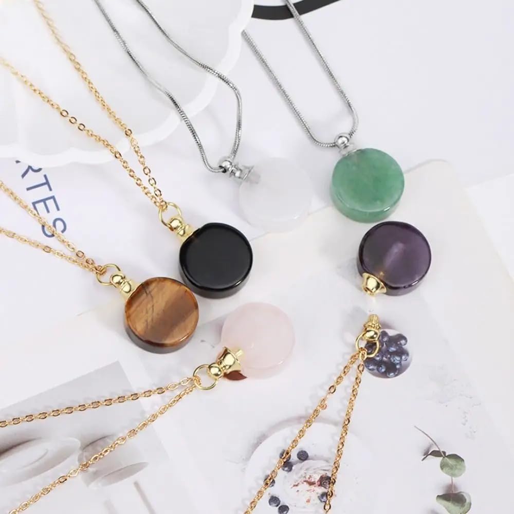 925 Sterling Silver Essential Oil Necklace For Women And Men, 14K Gold Filled Natural Stone Round Perfume Bottle Necklace, Essentials Oil Diffuser Vial Necklace (6 - Essential Oil Necklace)