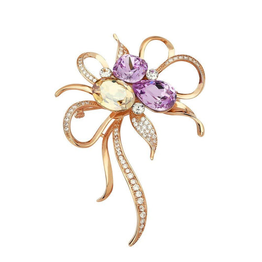 EMEGCY Purple Crystal Flower Brooch for Women Gold Plated Bow Brooch Pins Waterdrop Flower Pin Birthstone Jewelry Birthday Gift for Wife Girlfriend