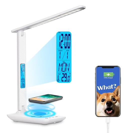 wanjiaone Multifunctional LED Desk Lamp with Wireless Charger,USB Charging Port,Clock,Phone Holder,Desk Lamps for Home Office,Eye-Caring Reading Lamp,Study Lamp for Boys,Girls,Teens,White