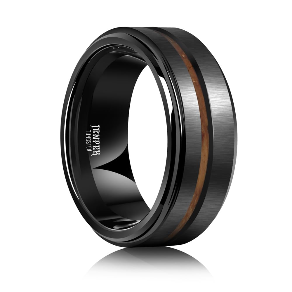 JEWPER 8mm Men Womens Wedding Band Tungsten Rings Black Fashion Promise Carbide Inlaid whiskey barrel wood Outer ring step edge sanding Matte Finish Edge Comfort Fit size(11)