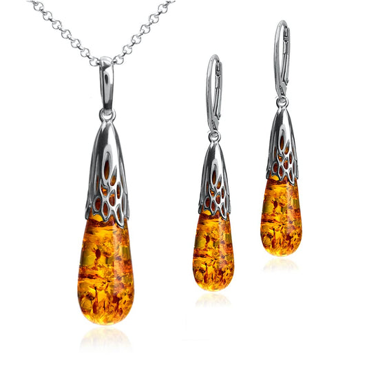 Ian and Valeri Co. Amber Sterling Silver Drop Earrings Pendant Necklace Set 18 Inches
