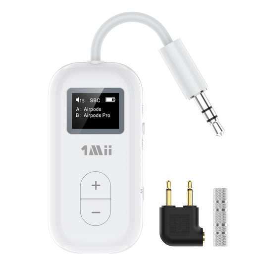 1Mii SafeFly Dual | Bluetooth 5.3 Adapter Bluetooth Transmitter w/Screen for Wireless Headphones, Wireless Audio Transmitter Use with 3.5 mm Audio Jack on Airplanes/Gym/TVs-Transmitter Only