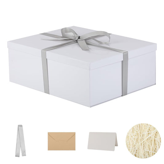 Extra Large Gift Box with Lid 17x13x6 Inches, White Gift Boxes for presents Packaging for Birthdays, Valentine's Day, Christmas, Anniversaries (Include Shredded Paper Fill, Envelope Card Ribbon)
