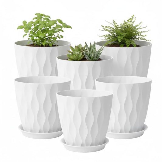 LESOASIS Plant Pots 8 Inch, 6 Pack Plastic Flower Pots for Indoor & Outdoor Plants, Planters with Drainage Holes and Saucer, Garden Pot for Plants (White)
