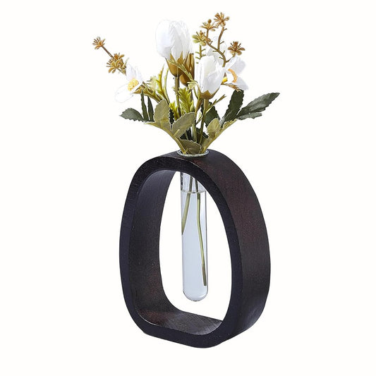 UNICRAFTALE Dark Brown Solid Wood Vase Small Desk Hydroponic Plant Frame Glass Test Tube Vases Decorative Single Flower Holder Office Home Decoration for Garden Terrarium