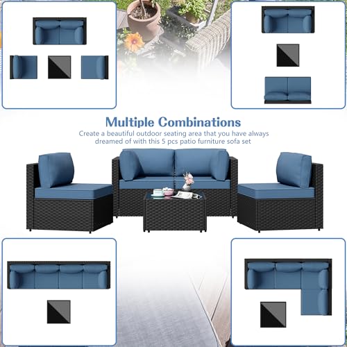 Shintenchi 5 Pieces Outdoor Patio Sectional Sofa Couch, PE Wicker Furniture Sets, Patio Conversation Sets with Washable Cushions Glass Coffee Table for Garden, Poolside, Backyard, Aegean Blue