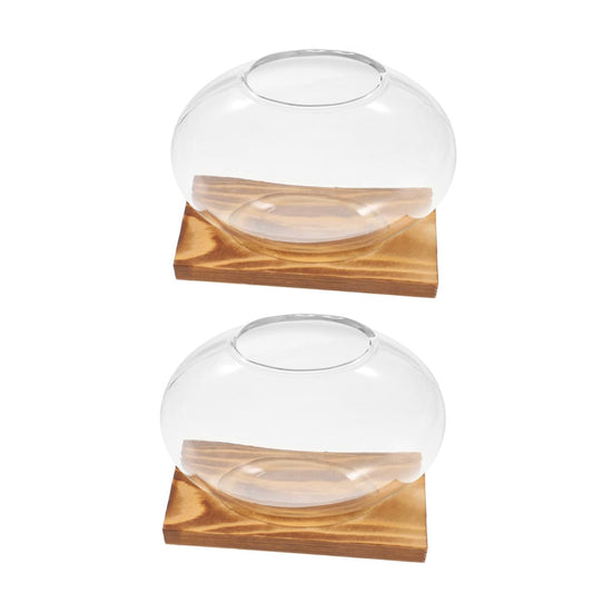 HOOWIFFY 2pcs Glass Hydroponic Planter Vase with Wooden Stand, Indoor Plant Terrarium for Propagation and Home Office Decor