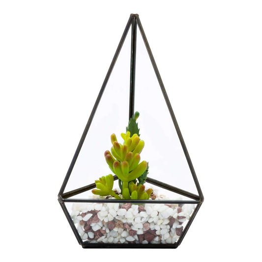 Restaurantware-8.5 x 5 x 3.5 Inch Faux Succulent, 1 Artificial Succulent - In Triangular Glass Terrarium, Use As Table Or Shelf Decor, Centerpiece, Black Plastic Fake Desk Plant, Geometric