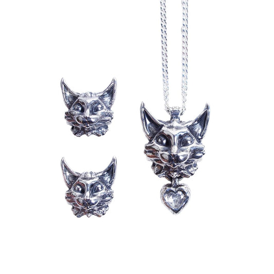 IlustrAriane Sterling Silver Cat Necklace and Earrings Set with Heart Zirconia – Matching Jewelry Gift for Cat Lovers