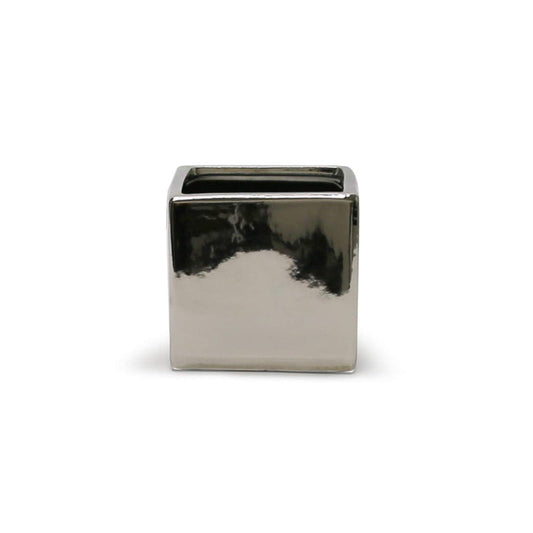 WGVI WGV Ceramic Cube Vase Width 5.5" Height 5" (Fits 5" Pot) Elegant Modern Block Square Floral Planter Terrarium Container Table Dresser for Event Accent Home Office Decor Silver 1 Piece