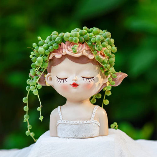 4.35" Cute Head Planter Resin Succulent Pot - Little Girl Flower Container, Human Face Cactus Plants Bonsai Holder, Thumb Fairy Figurine Statue With Drainage - Decor Gift