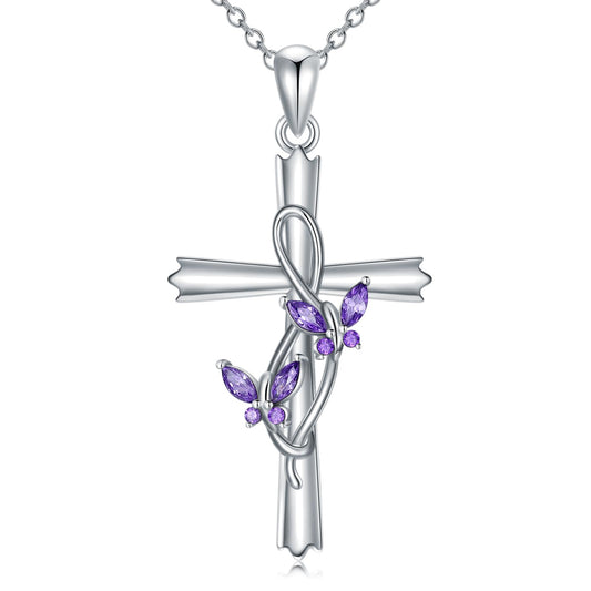 KoyeKei Butterfly Cross Necklace for Women 925 Sterling Silver Double Purple Butterfly Necklaces Christian Dainty Jewelry with Zircon Mothers Day Gifts for Mom Wife Lover