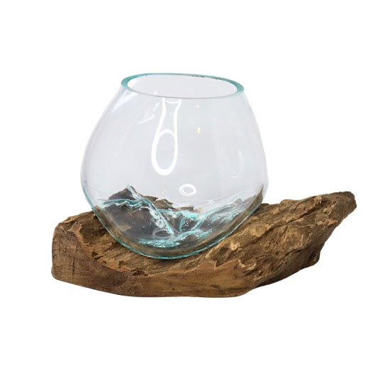 Rare Earth Gallery GamalFlow Medium Melted Glass Bowl On Wood Base, Perfect Terrarium or Planter, Brown, About 8" Wide