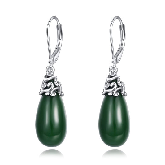 POPLYKE Jade Filigree Teardrop Drop Dangle Earrings Sterling Silver Leverback Earrings Jewelry