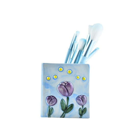 ESIW Ceramic Book Shaped Tulip Pattern Cosmetic Storage Box, Desktop Organizers Make Up Brush Storage Stand Desktop Storage Box for Brush,Pencil,Art Supplies, Painting Brush (Light Purple)