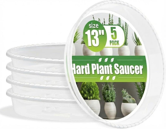 RooTrimmer 5 Pack 13 Inch Clear Plant Saucers for Pots,Thick Heavy Duty Plastic Plant Trays,Transparent Drip Trays for Indoor & Outdoor Plants