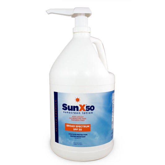 CoreTex Sun X 50 SPF Broad Spectrum Sunscreen Lotion - 1 Gallon Jug & Pump Bottle of Paraben, Oxybenzone, Octinoxate, & Oil Free Sunscreen - No White Cast and Water Resistant Up to 80 Minutes