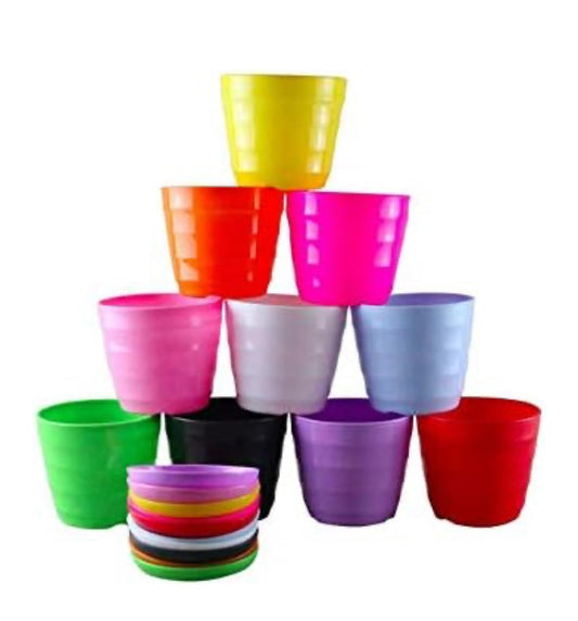 Colorful Plastic Plant Pots with Drainage Holes and Saucers, 6.2 inches, Set of 10, Multi-Color (Medium)