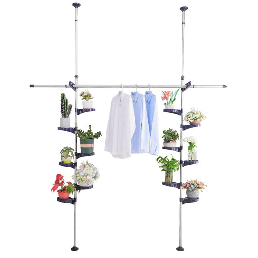 BAOYOUNI Indoor Tension Plant Pole Stands Double Rods Flower Pots Storage Shelf Floor to Ceiling Display Rack Hanger with 12 Trays, 2 Hooks & 1 Telescopic Rod for Clothes Drying, Navy Blue