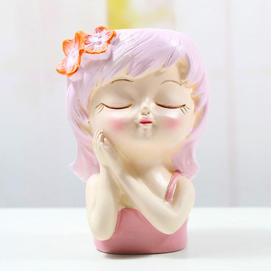 Cute Head Planter Pot Resin Succulent Planter Little Girl Flower Pot, Human Face Cactus Plants Container Bonsai Holder Thumb Pot Fairy Figurine Statue Planters with Drainage Decor Gift (Pink)