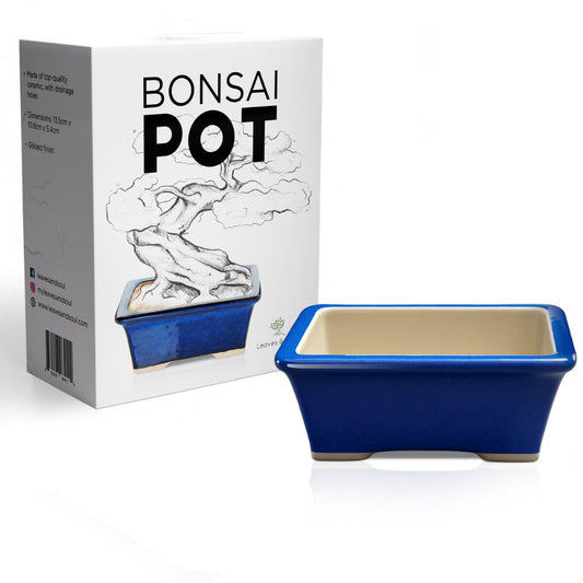 Leaves and Soul Blue Rectangular Bonsai Pot Ceramic Planter | Glazed Small Bonsai Tree Pot with Drainage for Succulents & Indoor Plants | Decorative Bonsai Planter for Tables, Home & Garden Décor