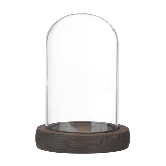 M METERXITY Cloche Glass Dome, 3.9"x2.4" Glass Display Case with Wooden Base for DIY Snow Globes/Small Plants/Flowers/Candles/Models/Souvenirs, Tabletop Centerpiece [Dark]