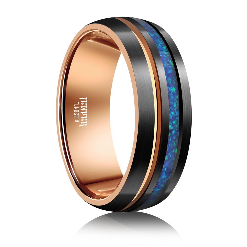 JEWPER 8mm Men Womens Wedding Band Tungsten Rings Black Blue rose gold Fashion Promise Carbide outer ring Inlaid Opal groove design Matte Finish Edge Comfort Fit Size(11)