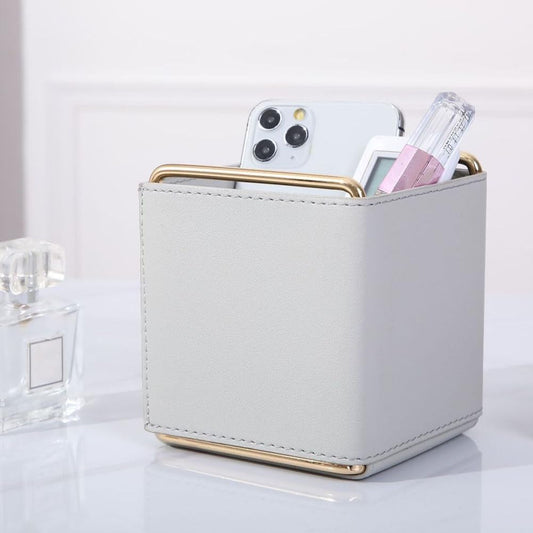 ccotikosee PU Leather Desktop Organizer for Pens, Cotroller, Keys, Glasses, Makeup Brushes Holder, 4.3" Compact Size Pencil Table Caddy Storage, Multipurpose for Office & Home Decor (Grey)