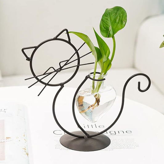 Likense Glass Planter Vase Holder, Lovely Cat Shape Hydroponics Vase with Metal Holder for Hydroponics Plants Black B
