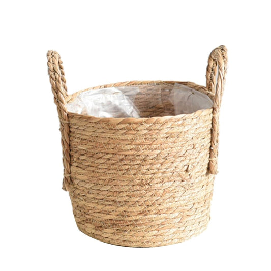 Hqkfuybl Woven Straw Flower Pot, Sea-Grass Planter Basket, Wicker Rattan Vase Sundries Organizers Storage Bins, Hand Woven Basket Planter with Plastics Liners and Handle - L 8.26x10.63inch