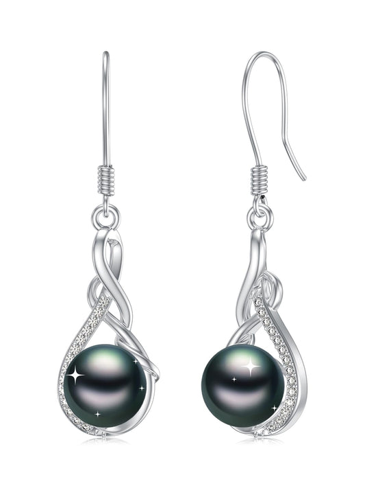 KANNSOAR 925 Sterling Silver 7MM Tahitian Black Pearl Dangle Drop Earrings, 18K White Gold Plated, Everyday Infinity Earrings for Women Hypoallergenic Jewelry Gift for Anniversary Birthday Christmas