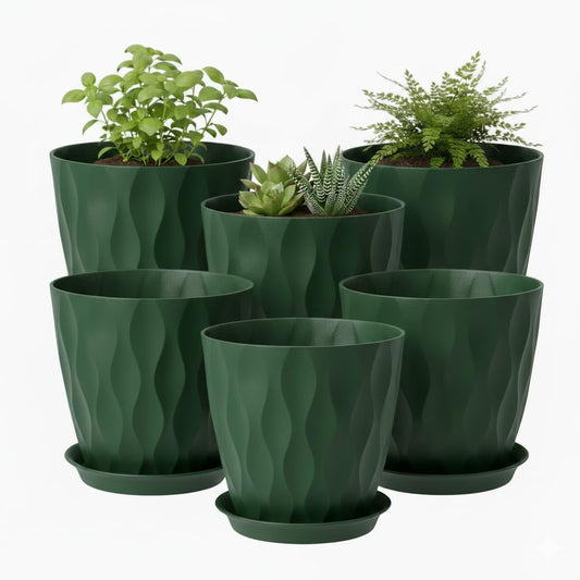 LESOASIS Plant Pots 8 Inch, 6 Pack Plastic Flower Pots for Indoor & Outdoor Plants, Planters with Drainage Holes and Saucer, Garden Pot for Plants (Deep Green)