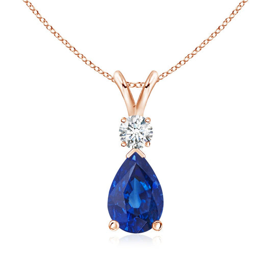 Angara Natural Blue Sapphire Solitaire Pendant for Women | Prong-Set Blue Sapphire Teardrop V-Bale Pendant with Diamond in Rose Gold | September Birthday, Gemstone Jewelry Gift | AAA | 6x4mm