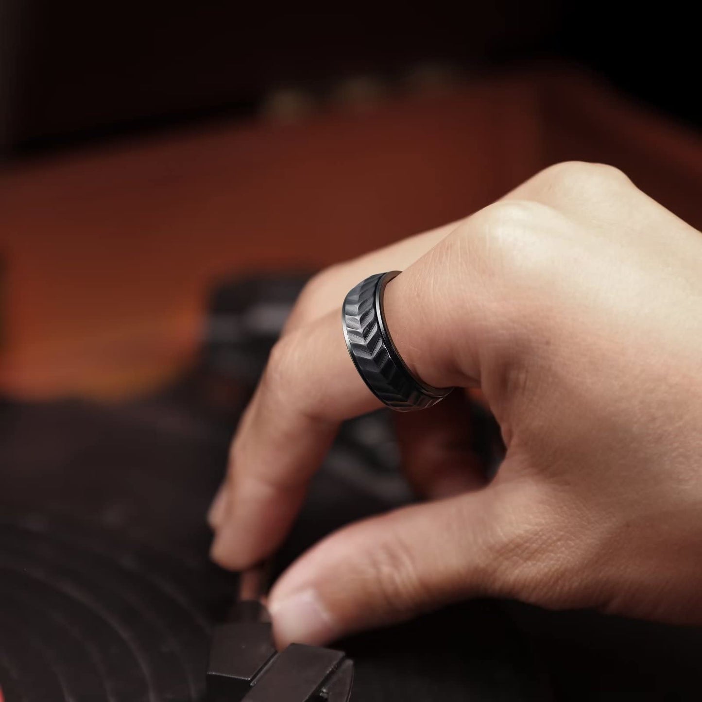 King Will Mens Black 8mm Spinner Rings Tire Stripe Groove Stainless Steel Anxiety Fidget Ring for Men 11