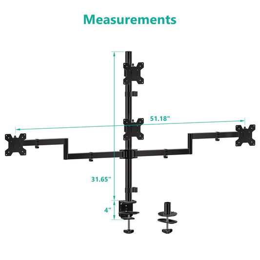 WALI Quad Monitor Mount for 13-27 Inch Screens, Fully Adjustable 4 Monitor Stand with Swivel, Tilt, Rotation, Clamp & Grommet Base Kit, Max Load 22lbs per Screen (M004S), Black