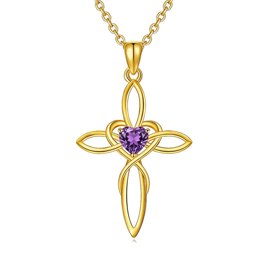 POIUY 14K Gold Dainty Celtic Knot Cross Birthstone Necklace for Women Irish Infinity Heart Pendant Cross Jewelry Anniversary Valentines Birthday Mothers Day Gifts for Mom Wife Her