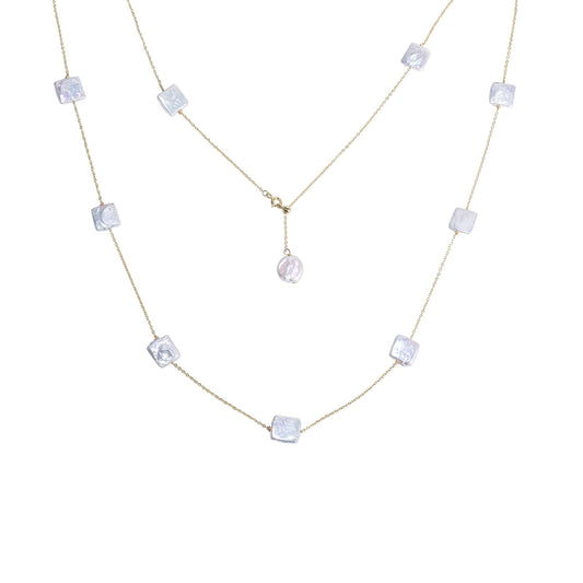 IDOKAWA 11MM Square Baroque Freshwater Pearl Strand Layered Necklace for Women, Dainty Multiple Strands Long Necklace for Party, Vintage Costume Jewelry