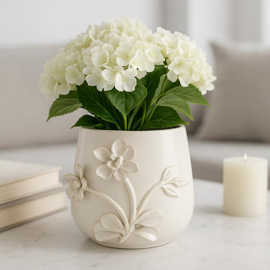 Ceramic Planter and Flower Pot for Home Decor – Elegant Plant Pot with Sculpted Floral Detail for Indoor and Outdoor Use – Adds a Romantic Touch to Garden, Patio, Living Room, or Shelf – 6" Ivory