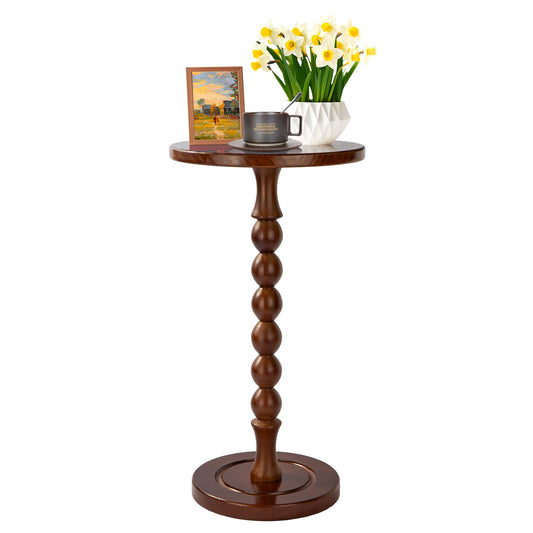 Lampaggio Round Side Table for Small Spaces, Drink Table with Oak Wood Pedestal, Modern End Table Nightstand for Living Room, Bedroom, Office, and Corners, Tool-Free Assembly, Brown