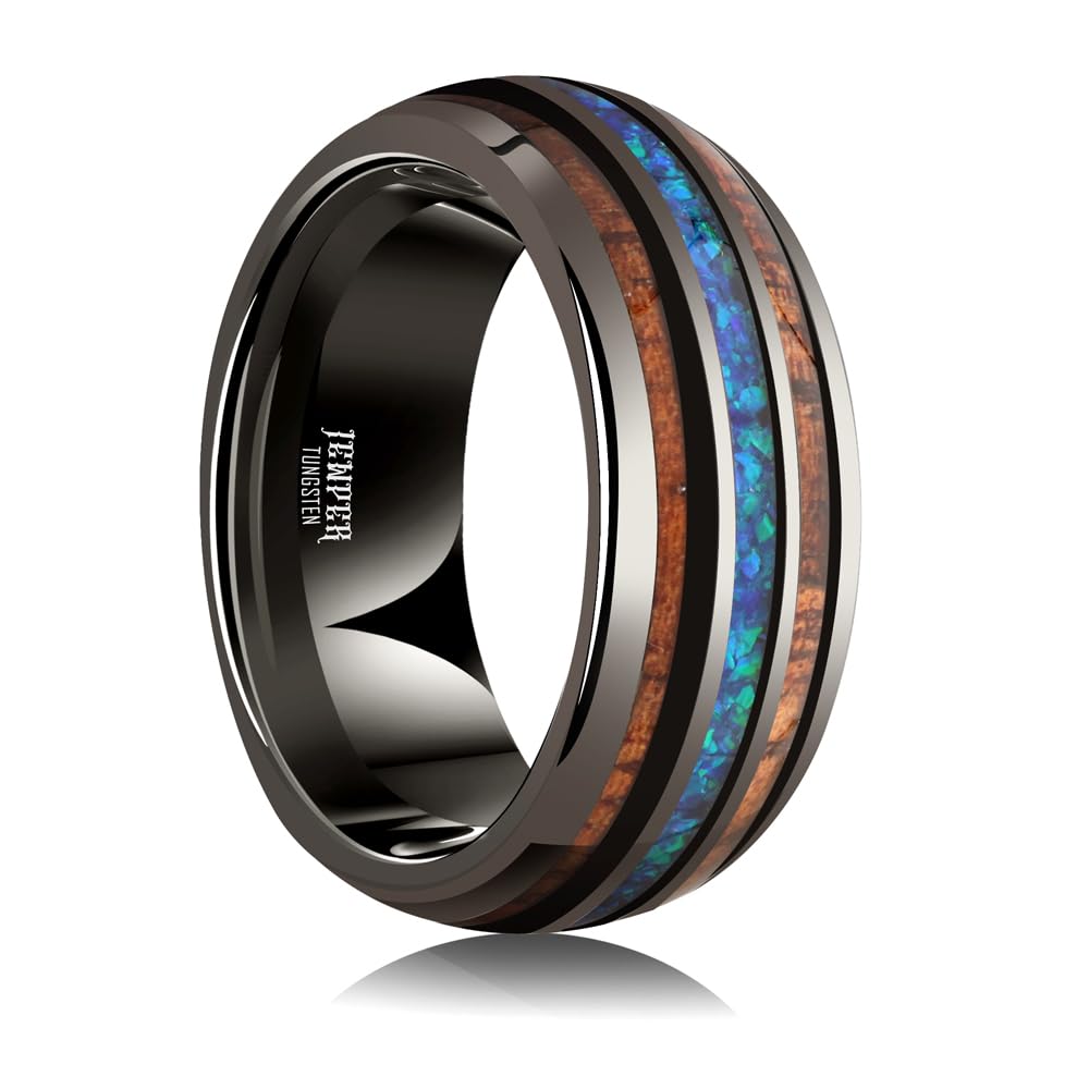 JEWPER 8mm Men Womens Wedding Band Tungsten Rings dark gun black Fashion Promise Carbide Inlaid blue opal koa Matte Finish Edge Comfort Fit Size(9)