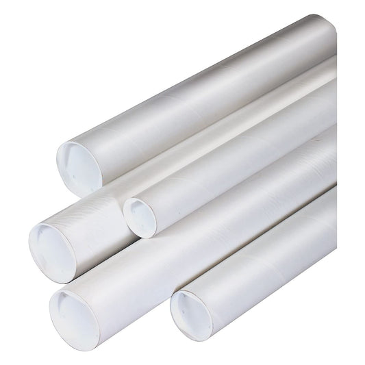 BOX USA White Mailing Tubes with Caps, 2 1/2" x 24", Pack of 34, for Shipping, Storing, Mailing, and Protecting Documents, Blueprints and Posters