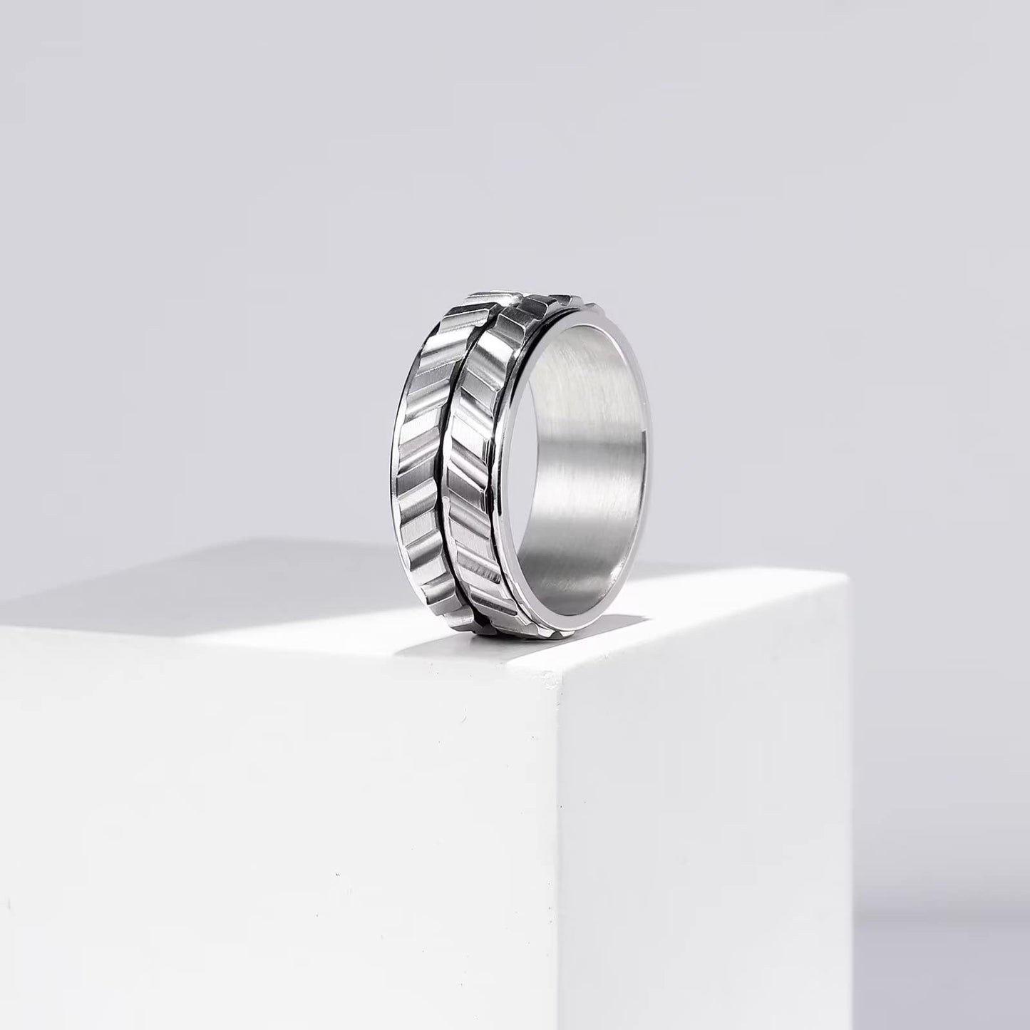 King Will Mens Silver 8mm Spinner Rings Tire Thread Stainless Steel Groove Anxiety Fidget Ring for Men 9