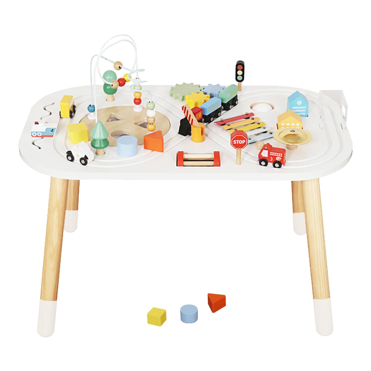 touch us Baby Activity Cubes for Kids,Toddler Activity Cubes&Activity Center Table with Wooden Bead Mazes，Mini Toy Car,Gears&Blocks|Wooden Desk Play Table as Montessori Toy for 1 Year Old Boy Girl
