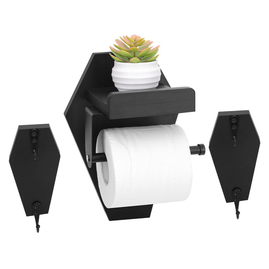 Goth Coffin Toilet Paper Holder with Phone Shelf - Black Wooden Gothic Holder, Funny Halloween Bathroom Decor, Spooky Gothic Coffin Decor, Ideal for Gothic Bathroom Decor (with Coffin Key Holder)