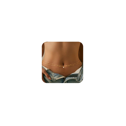 CHESKY Gold Waist Beads, Dainty 14k Gold Plated Waist Chain Non Tarnish CZ Pendant Body Chain Jewelry for Women Hypoallergenic Belly Chain Waterproof Gold Belly Button Ring Jewelry for Women