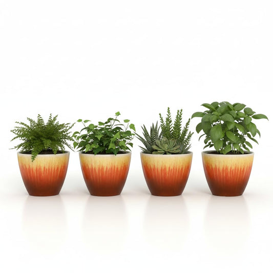 LESOASIS Plant Pots Pack of 4, 8 inch Plastic Flower Pots, Modern Glossy Finishing Planter for Indoor Outdoor Plants (Orange Glaze, 4 Pack)