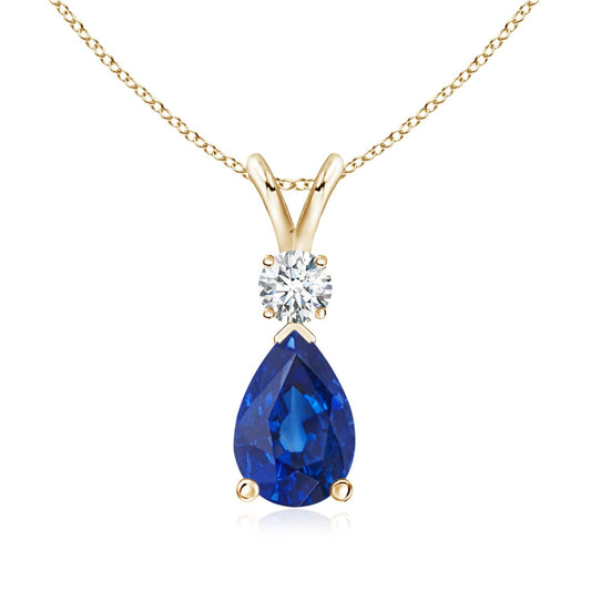 Angara Natural Blue Sapphire Solitaire Pendant for Women | Prong-Set Blue Sapphire Teardrop V-Bale Pendant with Diamond in Yellow Gold | September Birthday, Gemstone Jewelry Gift | AAA | 6x4mm